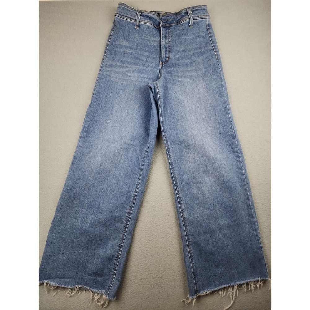 OAT Jeans Womens 6/28 Blue High Rise Wide Leg Raw Hem Stretch Denim Casual